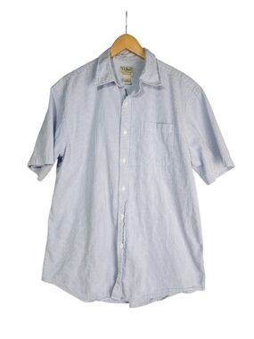 L.L.Bean Short Sleeve Seersucker Button Front Shirt Blue White Stripe Large